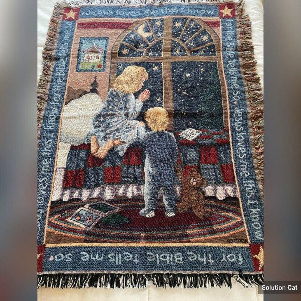 Blanket Jesus Loves Me Praying Throw Fringed Trim Childs Verse Bible 32” x 42”
